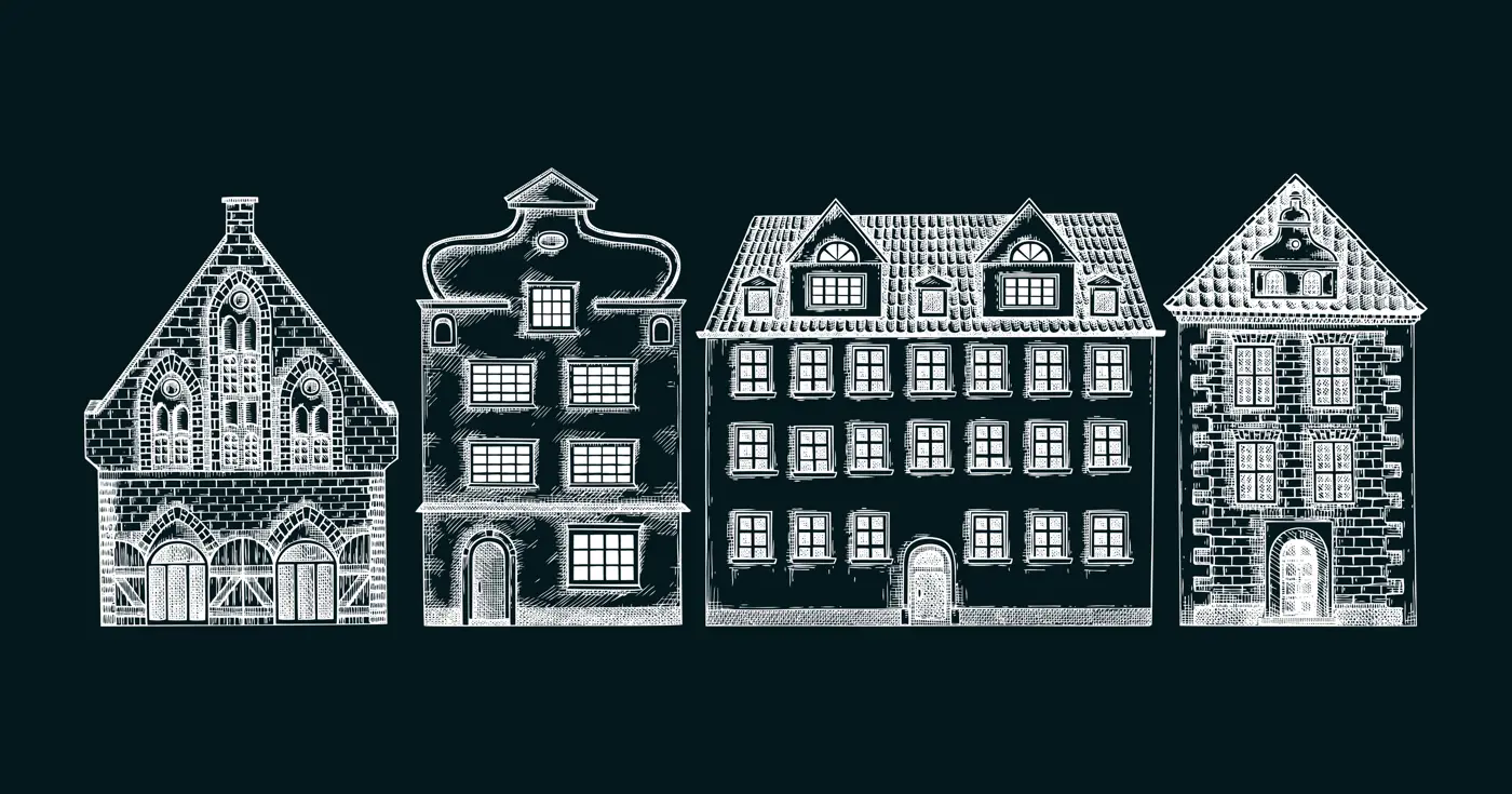 European city architecture sketch. Old building drawings on chalkboard. Vintage houses set. Hand-drawn vector illustration. Architectural card design.  NOT AI generated Illustration